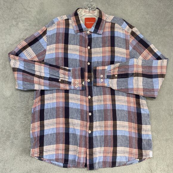 Tommy Bahama Shirt Mens Large Blue Linen Island Modern Fit Plaid Button Down - Picture 2 of 9